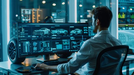 A man works on a car design using advanced computer software in a modern office with a futuristic feel. Created with Generative AI - obrazy, fototapety, plakaty