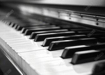Monochrome image of piano keys highlighting the contrast between black and white keys. Created with Generative AI - obrazy, fototapety, plakaty
