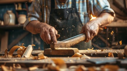 A craftsman planes wood in a workshop, with wood shavings and sparks flying around. Created with...