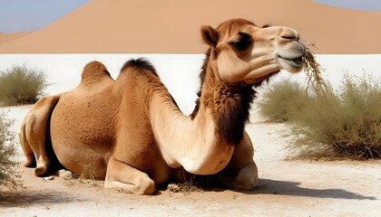A Camel Chewing On Dry Desert Vegetation  3 - obrazy, fototapety, plakaty