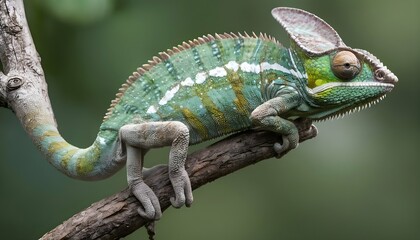 A Chameleon With Its Body Stretched Out Along A Tr - obrazy, fototapety, plakaty