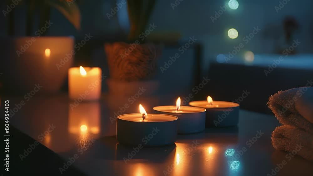 Poster aromatherapy candles flickering in the low light of the massage room creating a soothing atmosphere 