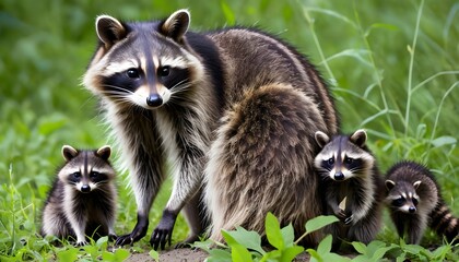 A Mother Raccoon With Her Babies Teaching Them Ho  3 - obrazy, fototapety, plakaty