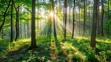 Serene forest backdrop with sunlight filtering through lush green foliage