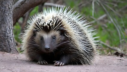 A Porcupine With Its Tail Curled Around Its Body - obrazy, fototapety, plakaty