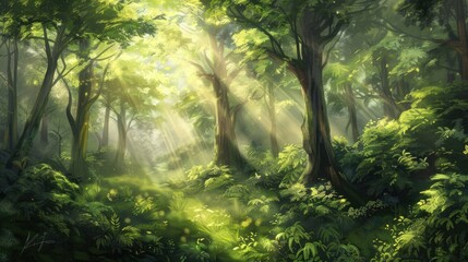 Serene forest backdrop with sunlight filtering through lush green foliage