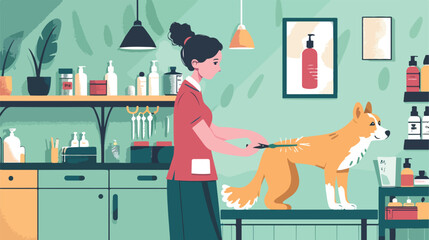 Young woman combing a dog in pet groomer Vector illustration