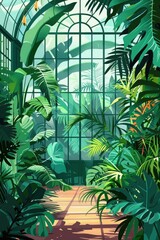 Botanical garden, green leaves, foliage plants. Natural greenhouses with lush vegetation, card background. Greenery, orangery, nature in glasshouses. Flat vector illustration. Hello spring See Less
