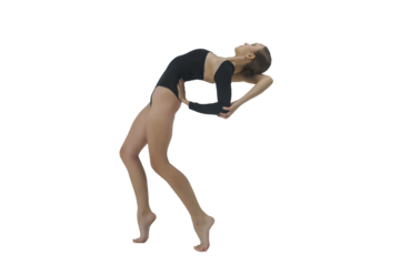young female dancer in a bodysuit and barefoot shows elements of modern choreography with an eversion of the arms, isolated on transparent background, png