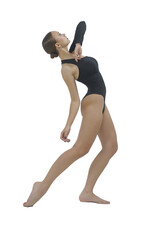 young female dancer in a bodysuit and barefoot shows elements of modern choreography with an eversion of the arms, isolated on transparent background, png