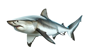 Bull shark, 3D graphic, white background, aggressive stance, fine scale detail, bright overhead lighting for dramatic effect