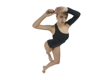 young female dancer in a bodysuit shows elements of choreography with her hands above her head top view, isolated on transparent background, png