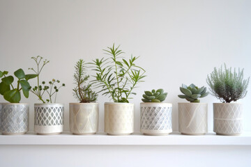Obraz premium A series of minimalist ceramic plant pots with geometric patterns, arranged in a row on a white shelf, showcasing their modern aesthetic. 
