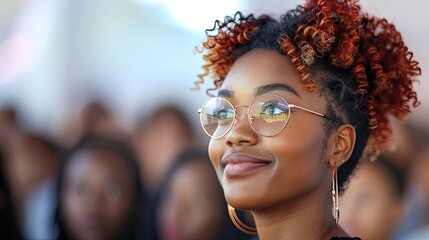 Obraz premium A woman with curly hair and glasses is smiling at the camera