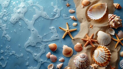 Summer background for postcard or poster with sea foam, sand and shells on blue background