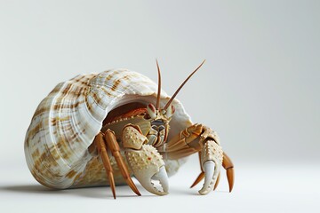 Hermit crab, 3D rendering, minimalist white backdrop, peeking from a shell, detailed textures, soft diffuse lighting