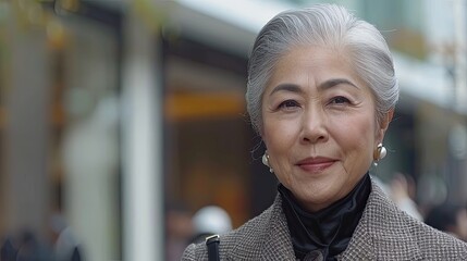 Fototapeta premium A woman with gray hair is smiling and wearing a black coat