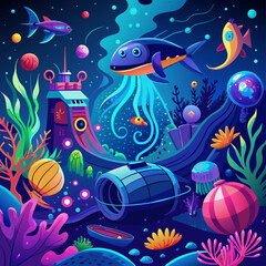 marine life background, Deep sea exploration backgrounds with neon marine life.