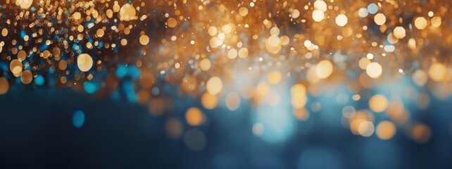 Holiday, christmas, new year, new year's eve background banner template - Abstract gold blue glitter bokeh lights texture, de-focused