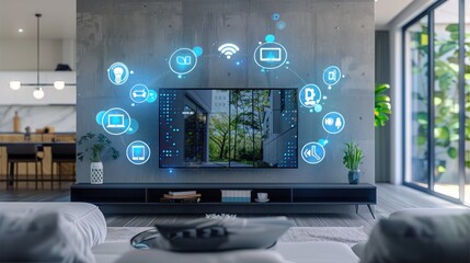 Sophisticated Smart Home System: Interconnected Digital Icons on TV Screen