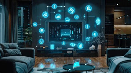 Sophisticated Smart Home System: Interconnected Digital Icons on TV Screen