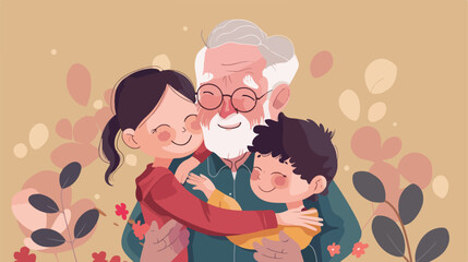Grandfather with children hugging avatar character Vector