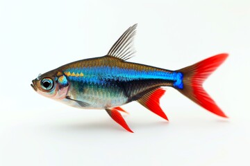 Neon tetra, 3D artwork, clean white background, bright blue and red stripes, precise texturing, ambient light from front