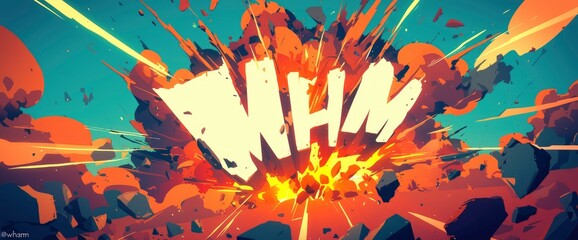 The word "wham" emerging dramatically from a fiery explosion, Cartoon background