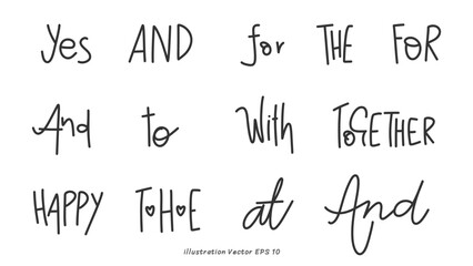 Hand drawn set of speech bubbles with handwritten short phrases on white background, Vector illustration EPS 10