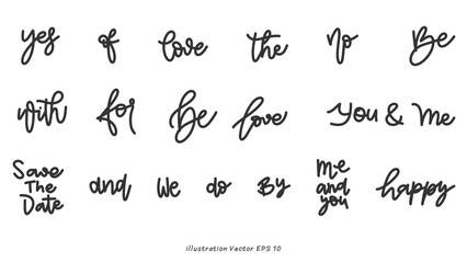 Hand drawn set of speech bubbles with handwritten short phrases on white background, Vector illustration EPS 10
