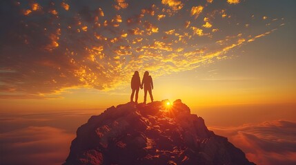 Silhouette of a couple hiking and holding hands on the top of mountain at beautiful sunrise. Together overcoming obstacles, celebrating success and achievements.	