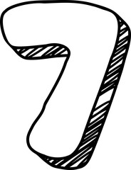 Playful hand-drawn marker scribble sketches of numbers for kids. Vector illustration. Number seven