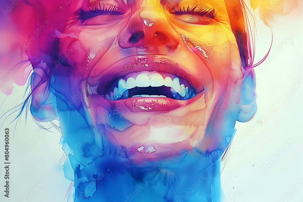 Wall mural vibrant watercolor portrait of laughter illuminating the soul on isolated background