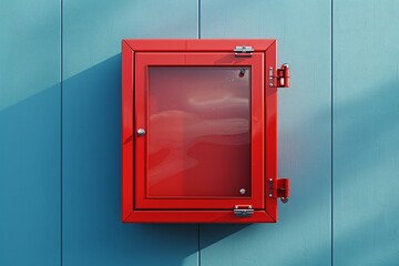 A vacant crimson safety container with a breakable glass for emergency situations attached to a wall - digital image.