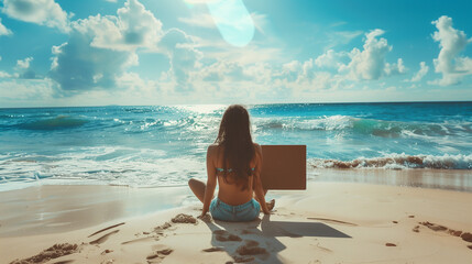 "Spring Break Vibes: Young Woman Beachside with Spring Break Sign"