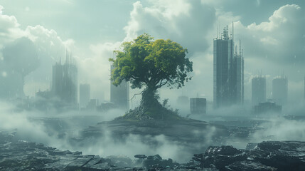 A surreal scene showcasing the potential of carbon removal technologies with air capture or bioenergy with carbon capture and storage