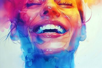 Vibrant Watercolor Portrait of Laughter Illuminating the Soul on Isolated Background