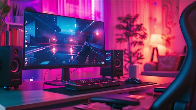 Sleek gaming setup, FPS scene on screen, pink neon mood, comfortable room
