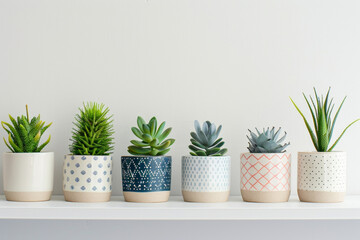 Obraz premium A series of minimalist ceramic plant pots with geometric patterns, arranged in a row on a white shelf, showcasing their modern aesthetic. 