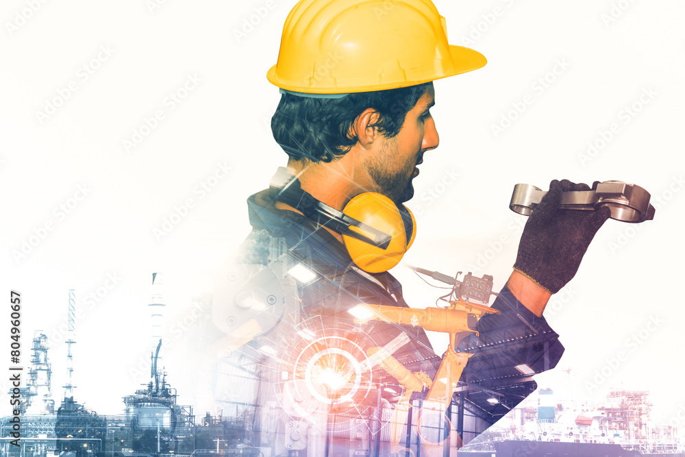 Poster mlp mechanized industry robot arm and factory worker double exposure. concept of robotics technology