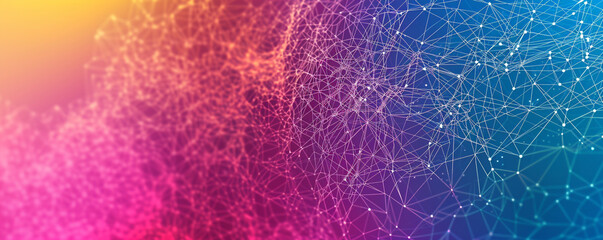 Abstract network visualization on a gradient background transitioning from cyan to magenta, showcasing vibrant data flow.