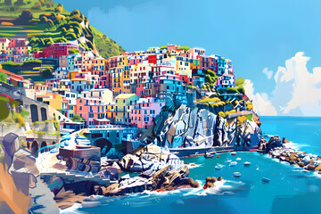Watercolor painting of a beautiful city on the coast.