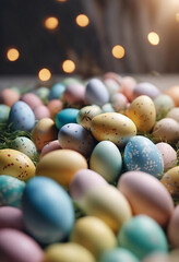 White Easter bunny rabbits in different poses and pastel Easter eggs vector illustration