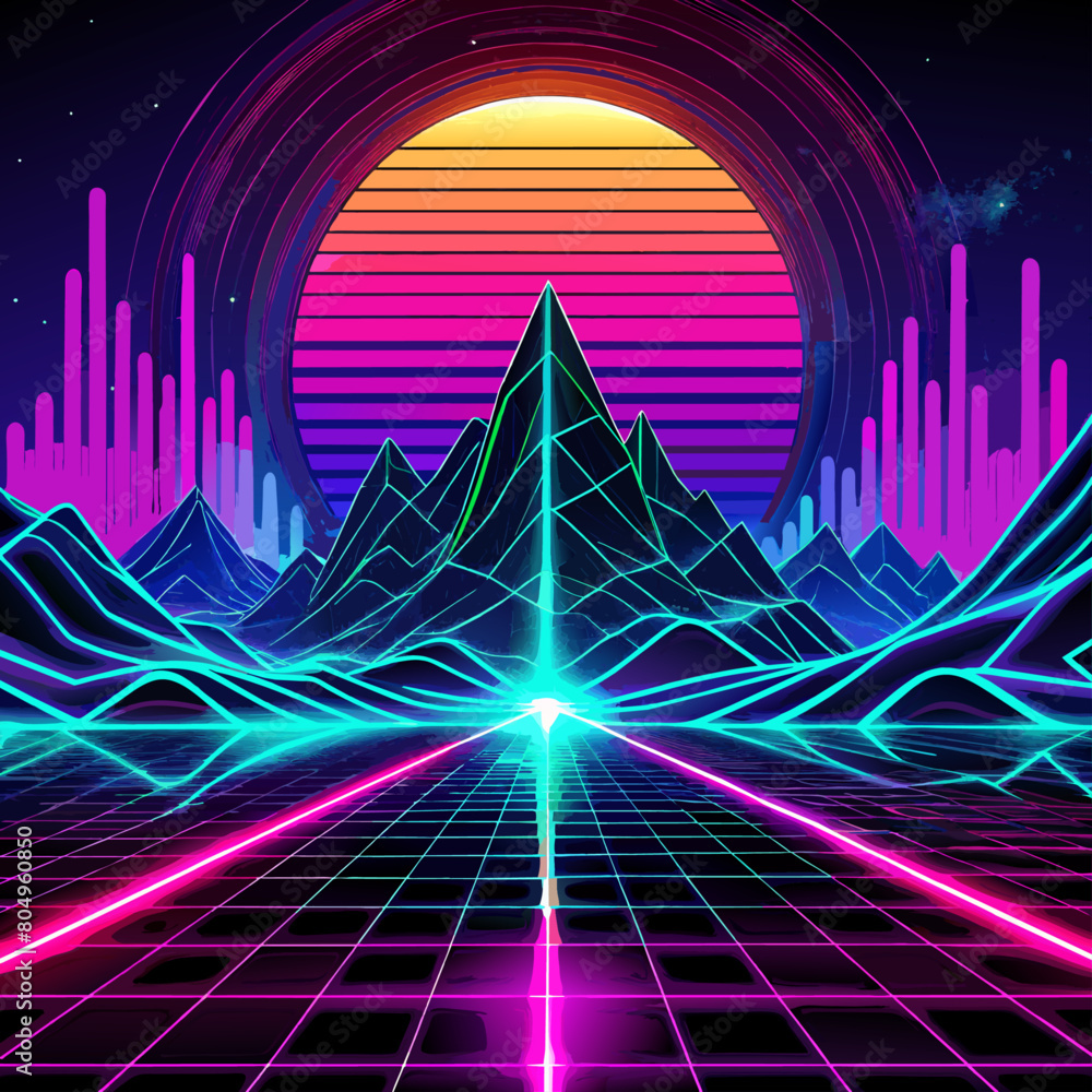 Poster bright neon abstract backgrounds with digital wave patterns.