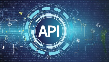 Obraz premium A digital technology background with a focus on the acronym API, which stands for Application Programming Interface, highlighted in the center amidst abstract high-tech elements and binary code