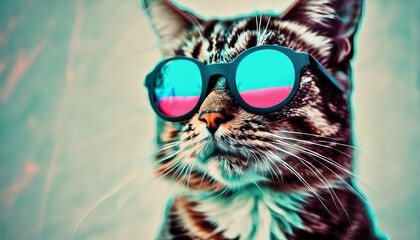 A stylish white cat wearing sunglasses on a vibrant blue background. Generative ai