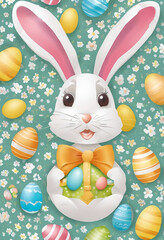 White Easter bunny rabbits in different poses and pastel Easter eggs vector illustration