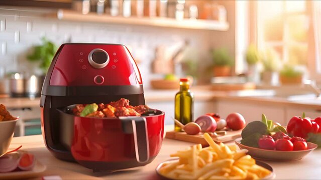 Red air fryer on kitchen counter, plates of chicken wings, fries, vegetables, bright setting