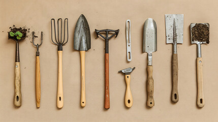 Set of gardening tools on beige background