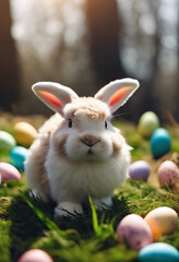 White Easter bunny rabbits in different poses and pastel Easter eggs vector illustration